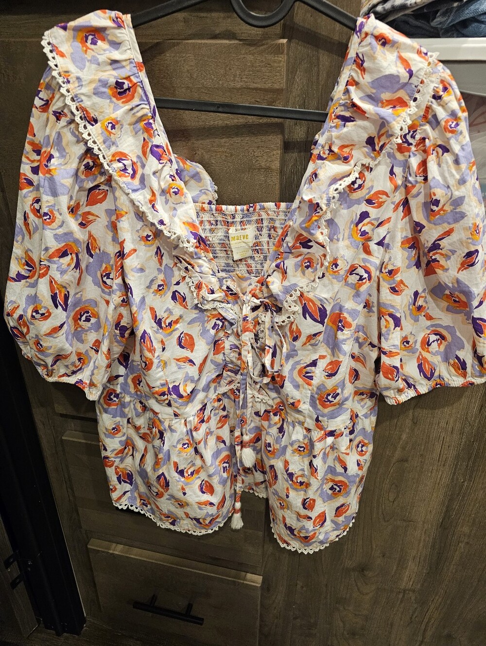 Maeve Lavender Floral Tie-Front Peasant Blouse with Orange Accents